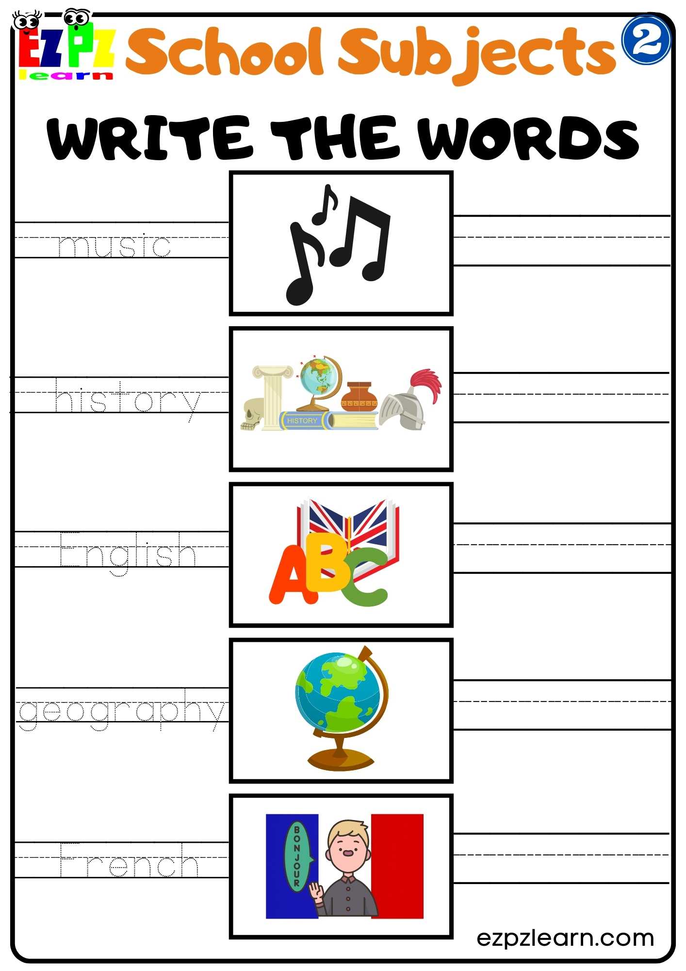 Group2 School Subjects Write the Words Worksheet for Homeschool and ESL Students